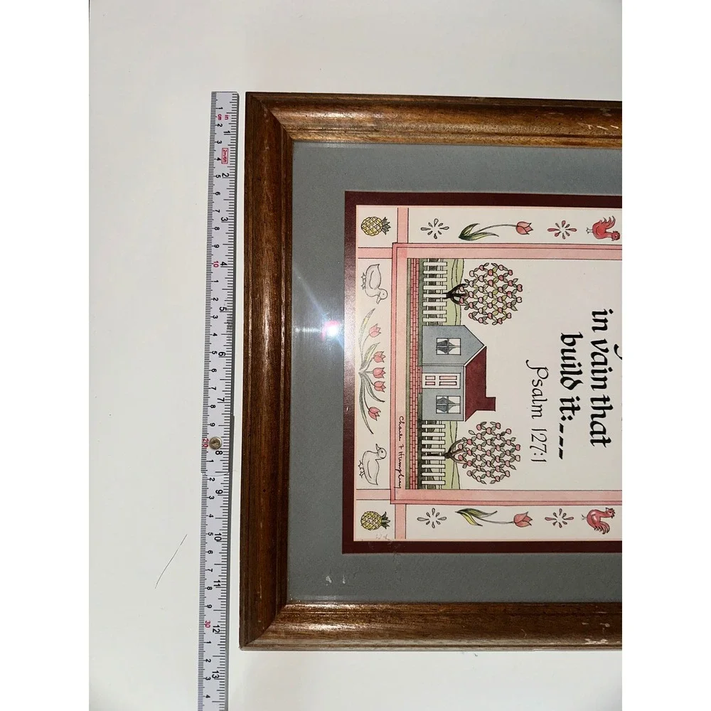 Charles F Humphrey‎ Framed Folk Art Psalm 127:1 Scripture Print Vintage 13x16